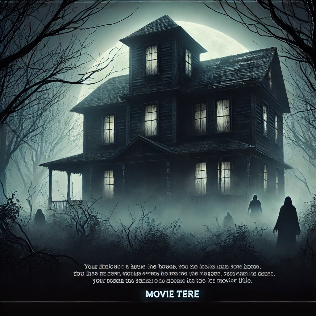 DALL·E 2025-01-29 01.25.26 - A dark and eerie horror movie poster featuring a haunted house surrounded by a dense, foggy forest. The scene has a sinister moonlight glow, with shad