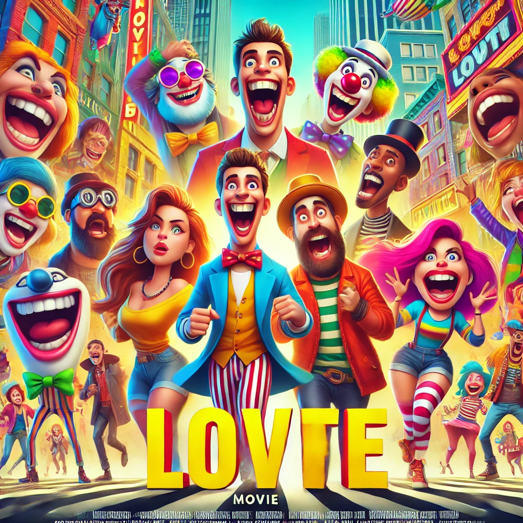 DALL·E 2025-01-29 01.26.31 - A vibrant and fun comedy movie poster featuring a group of quirky characters laughing in a city street. The scene is full of energy, with bright color