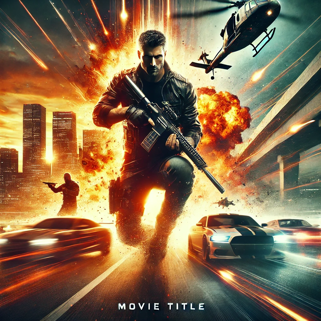 DALL·E 2025-01-29 01.26.51 - An intense and dynamic action movie poster featuring a hero in a dramatic pose, holding a weapon, with a fiery explosion in the background. The scene