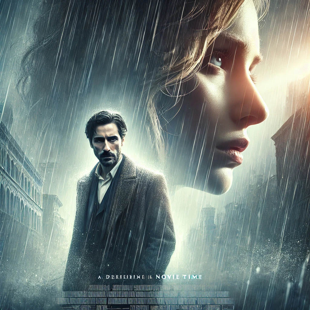 DALL·E 2025-01-29 01.27.22 - A captivating drama movie poster featuring two emotionally expressive characters standing in the rain, with dramatic lighting and a moody cityscape in
