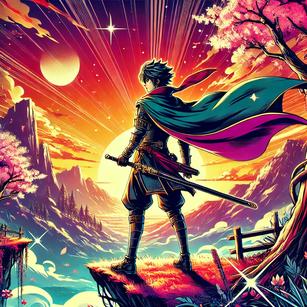 DALL·E 2025-01-29 01.27.43 - A vibrant and artistic manga-style movie poster featuring a young hero standing on a cliff, overlooking a fantastical landscape with cherry blossoms,