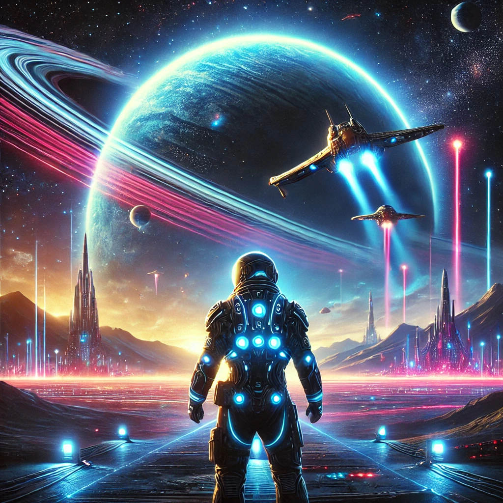 DALL·E 2025-01-29 01.28.55 - A futuristic science fiction movie poster featuring a lone astronaut standing on an alien planet with a glowing neon city in the background. The sky i