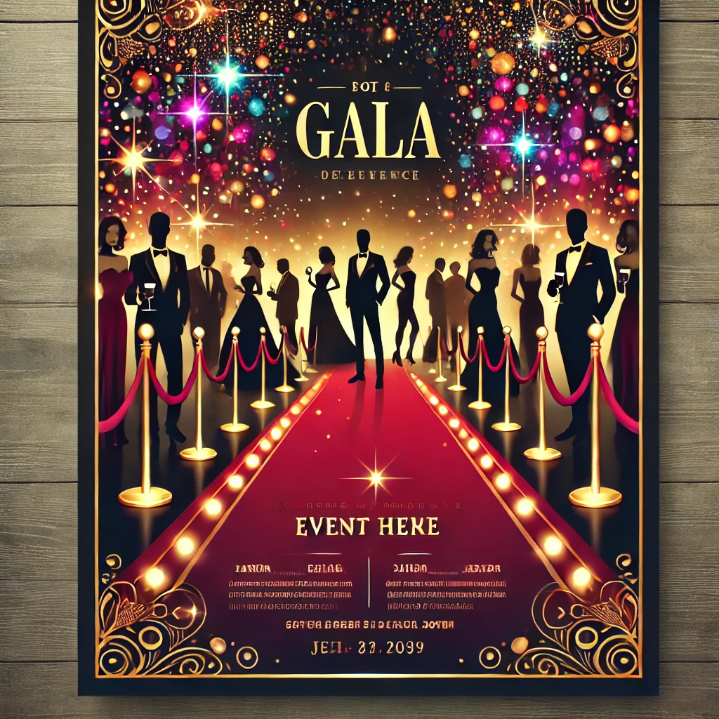 DALL·E 2025-01-29 01.29.30 - A vibrant and elegant event-themed poster featuring a glamorous gala or party scene. The background includes sparkling lights, a red carpet, and silho