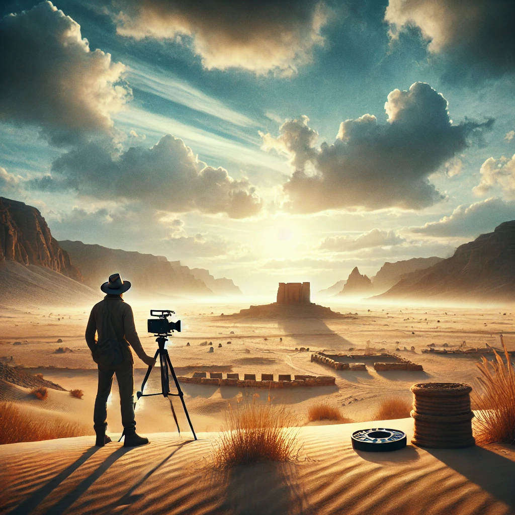 DALL·E 2025-01-29 01.29.52 - A compelling documentary movie poster featuring an explorer standing in a vast desert landscape under a dramatic sky. The scene includes elements like