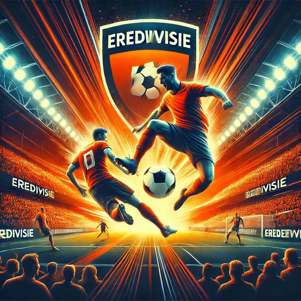 DALL·E 2025-01-29 01.34.50 - A vibrant and dynamic Eredivisie sports poster featuring the league's logo at the top. The scene captures two players in an intense moment during a fo