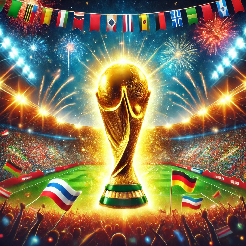 DALL·E 2025-01-29 01.36.41 - A stunning FIFA World Cup-themed poster featuring the iconic golden trophy at the center with glowing light effects. The background showcases a vibran