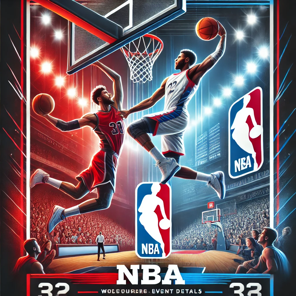 DALL·E 2025-01-29 01.38.31 - A thrilling NBA-themed poster featuring two basketball players in action mid-air, one dunking while the other attempts to block. The scene is set in a
