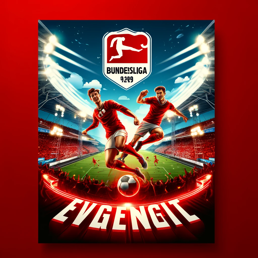 DALL·E 2025-01-29 01.39.05 - A vibrant Bundesliga-themed poster featuring two football players in action, competing for the ball during an intense match. The background shows a pa