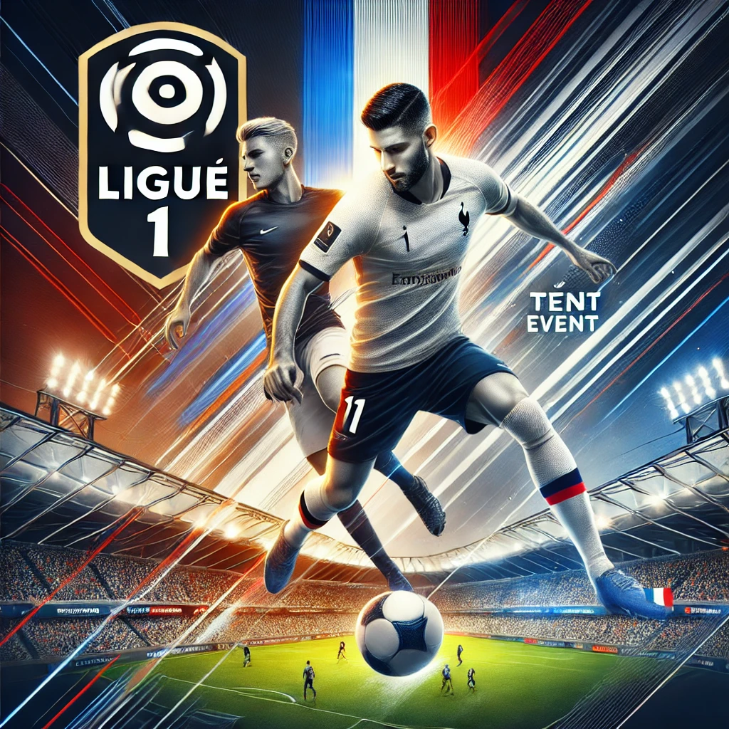 DALL·E 2025-01-29 01.39.38 - A dynamic Ligue 1-themed poster featuring two football players in action, one dribbling past the other in an intense match. The background displays a